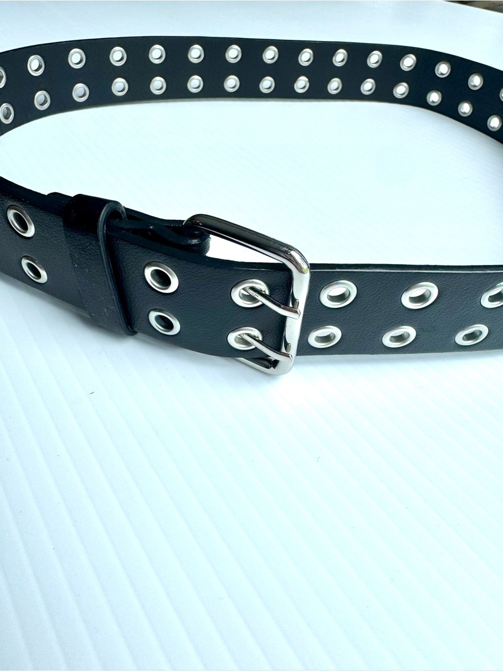 Black Double-Row Grommet Belt with Silver Buckle - Picture 3 of 6